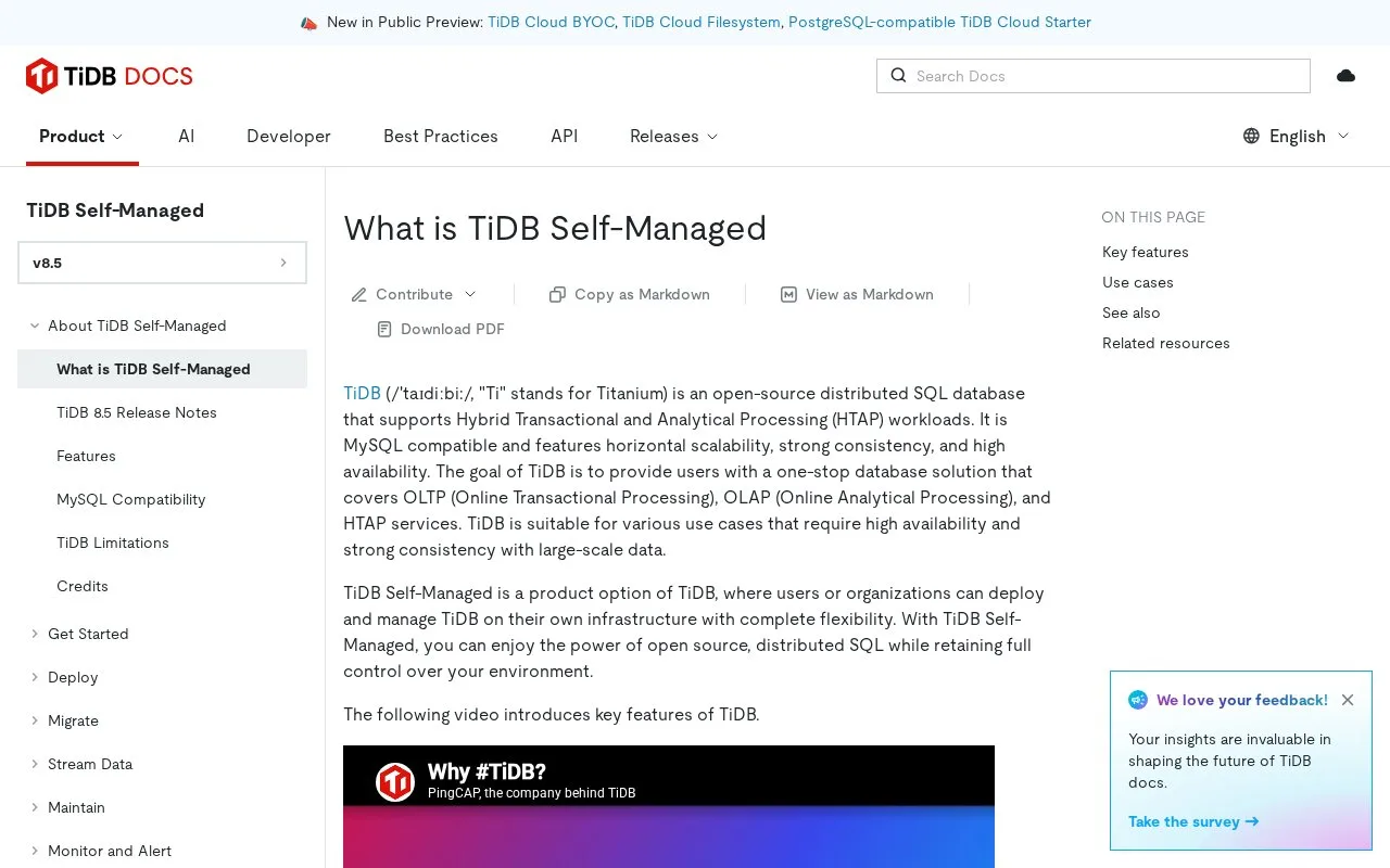 Screenshot of the TiDB Self-Managed homepage