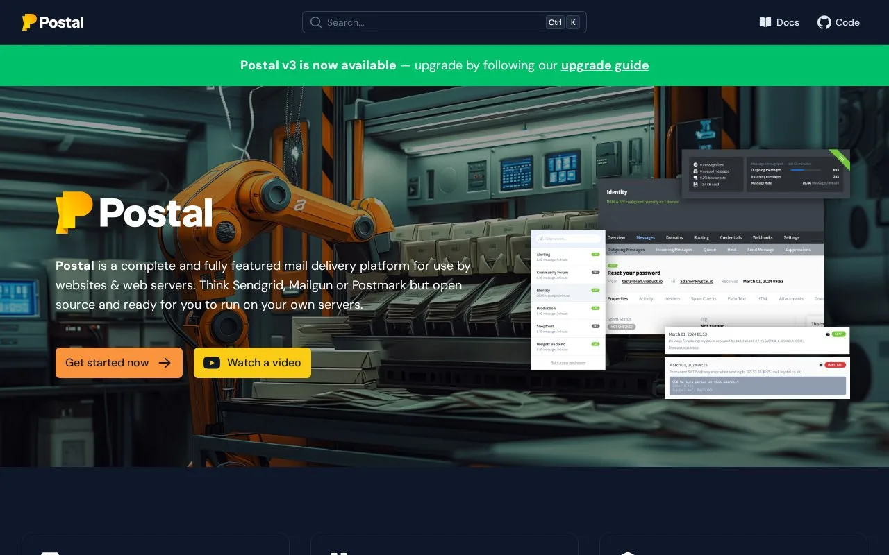 Screenshot of the Postal homepage