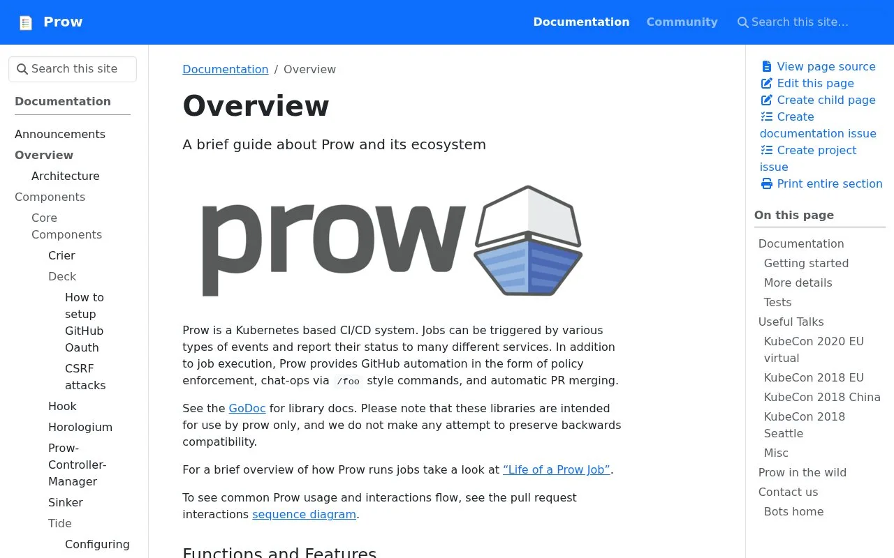 Screenshot of the Prow homepage
