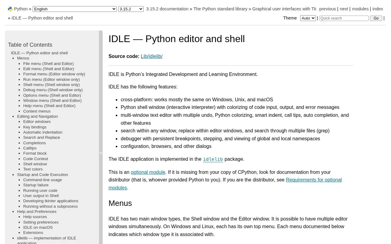 Screenshot of the IDLE homepage