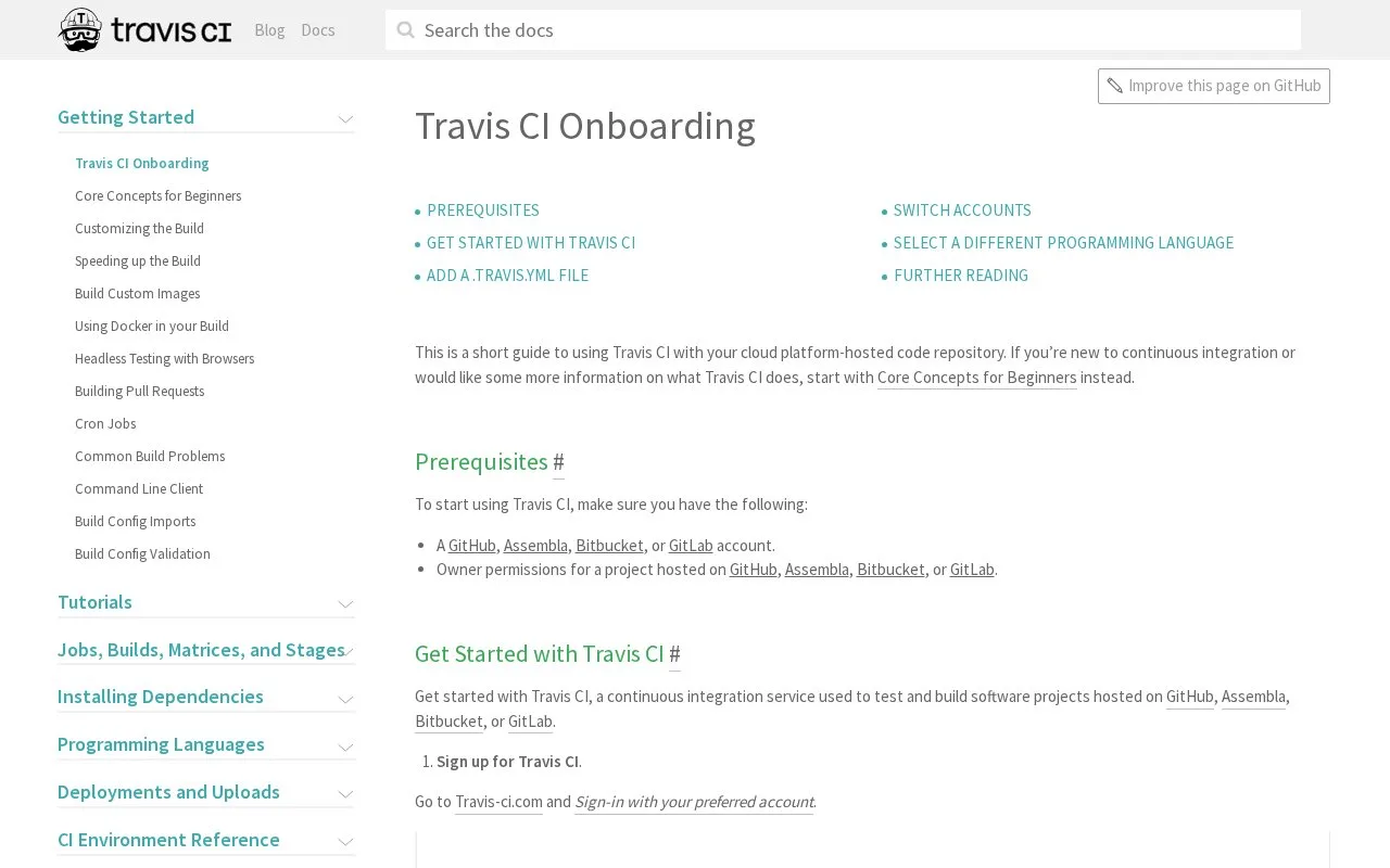 Screenshot of the Travis CI homepage