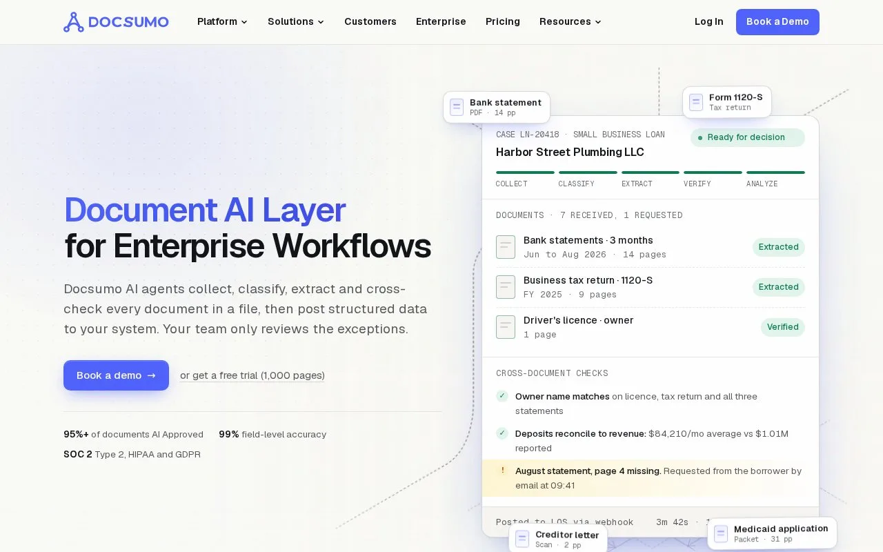 Screenshot of the Docsumo homepage