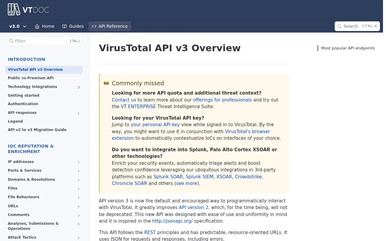 Screenshot of the VirusTotal API v3 homepage