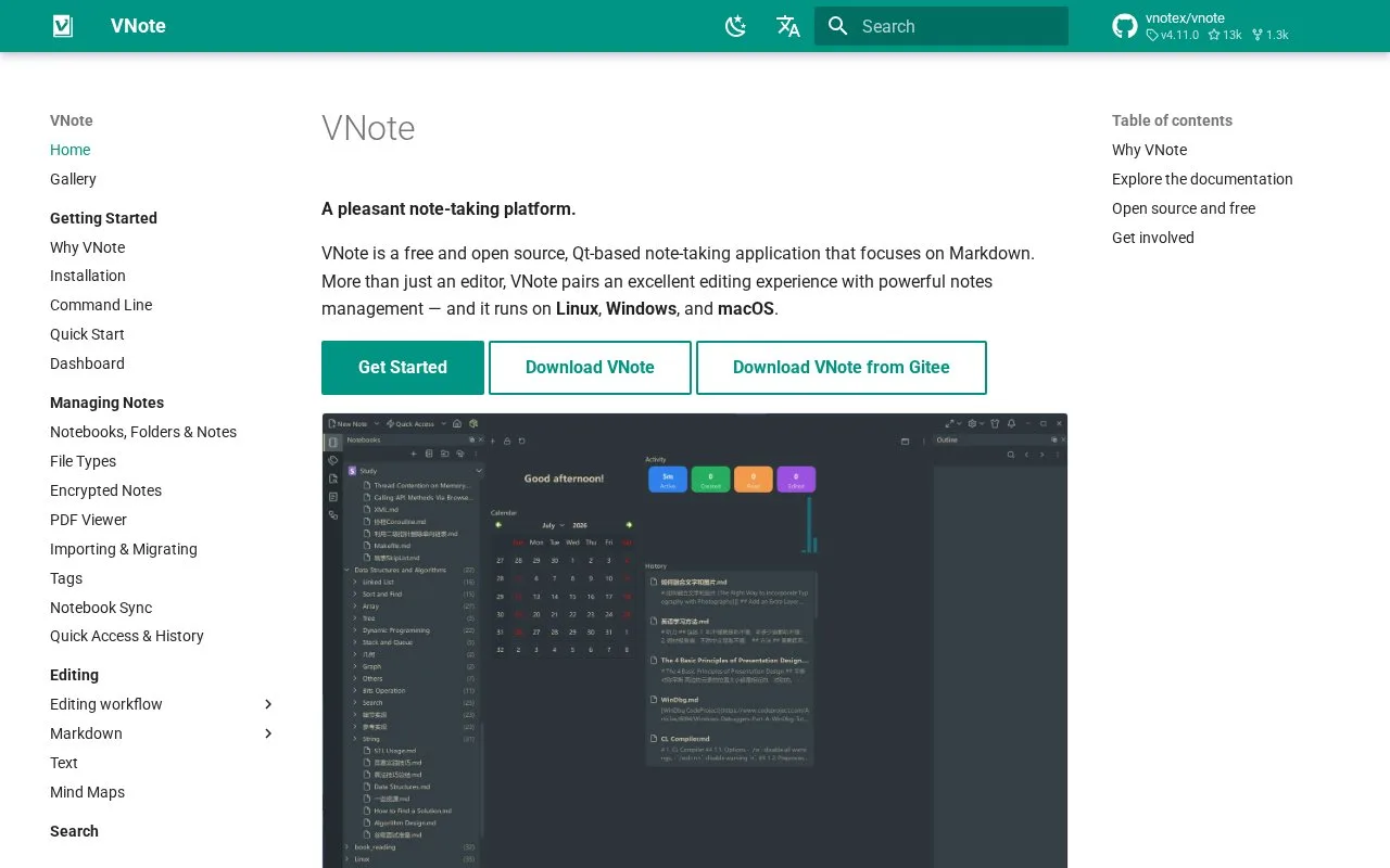 Screenshot of the VNote homepage