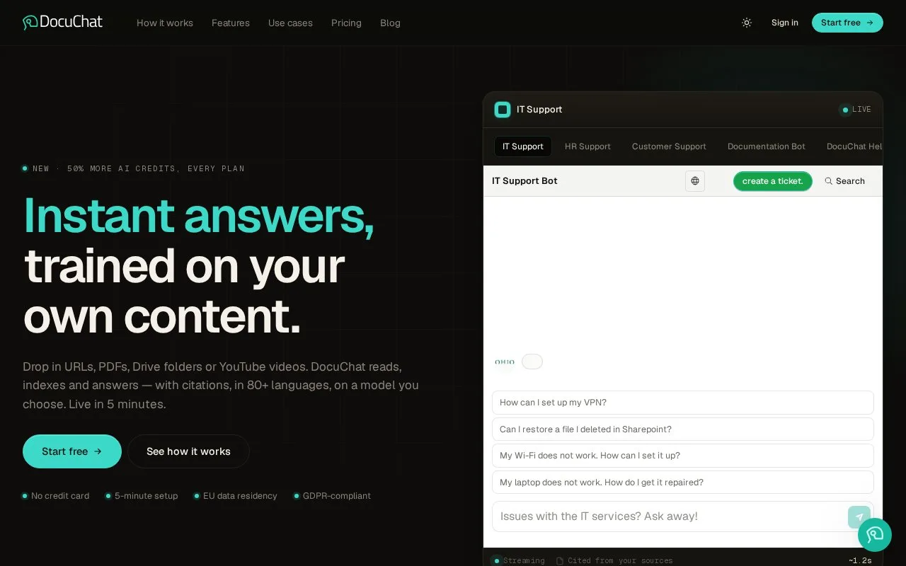Screenshot of the DocuChat homepage