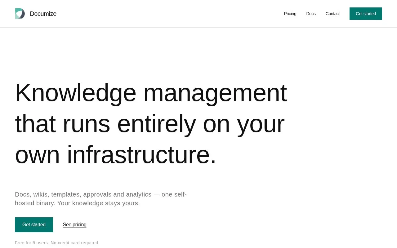 Screenshot of the Documize homepage
