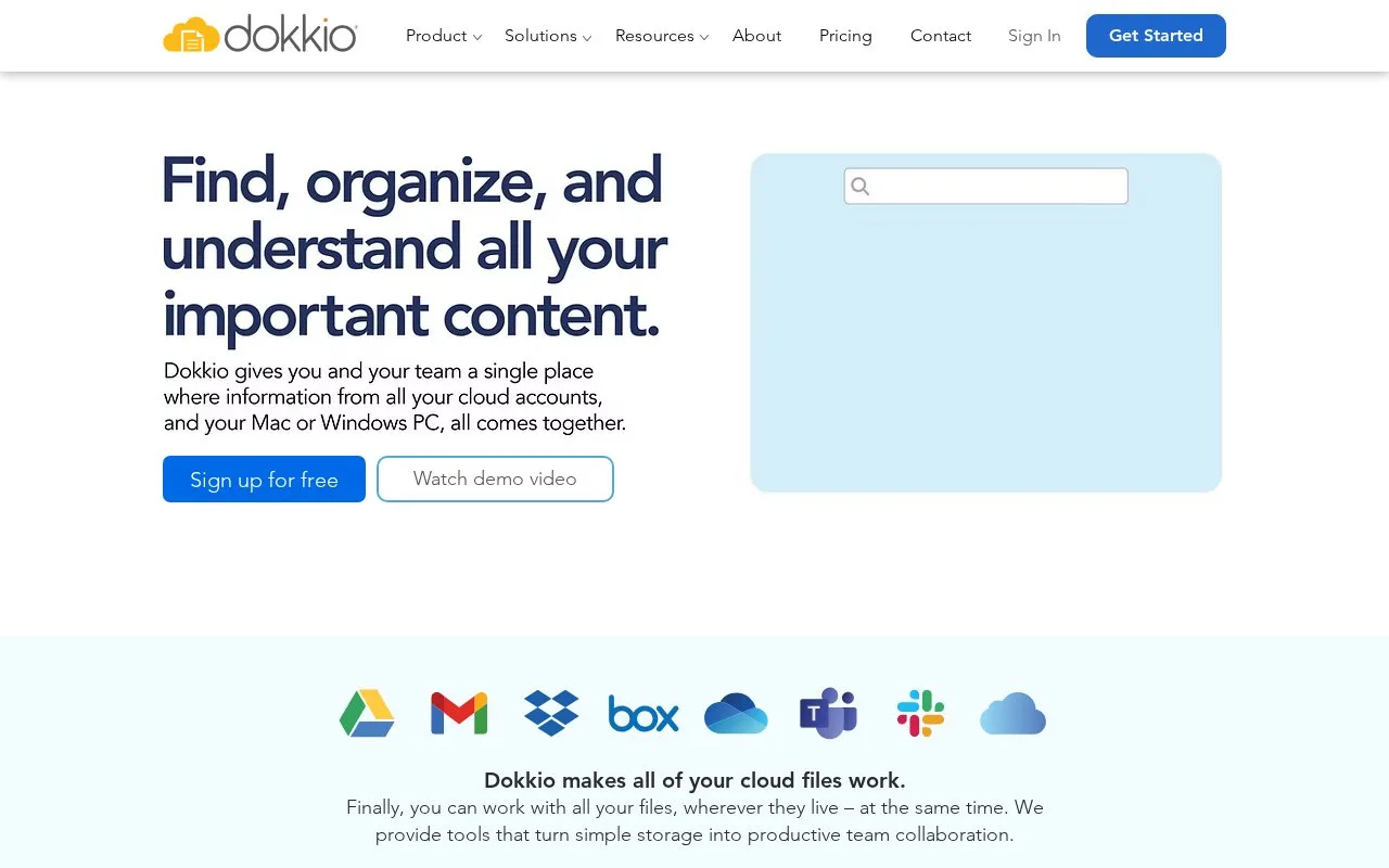 Screenshot of the Dokkio homepage