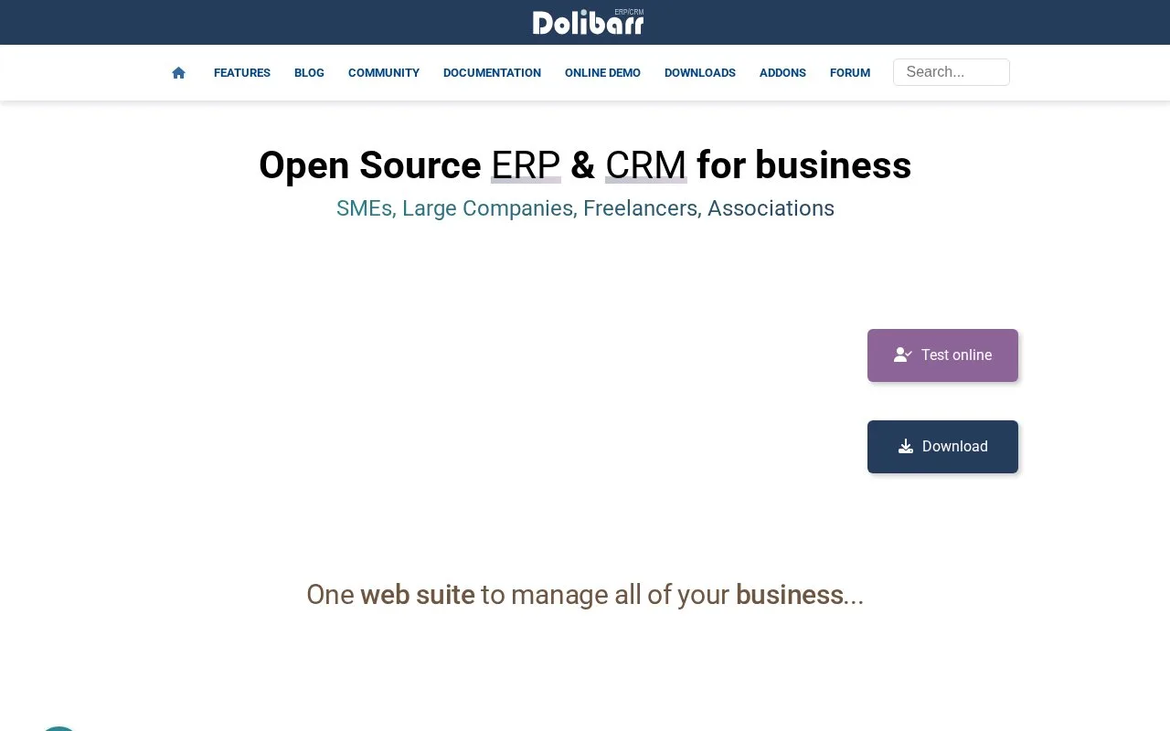 Screenshot of the Dolibarr homepage