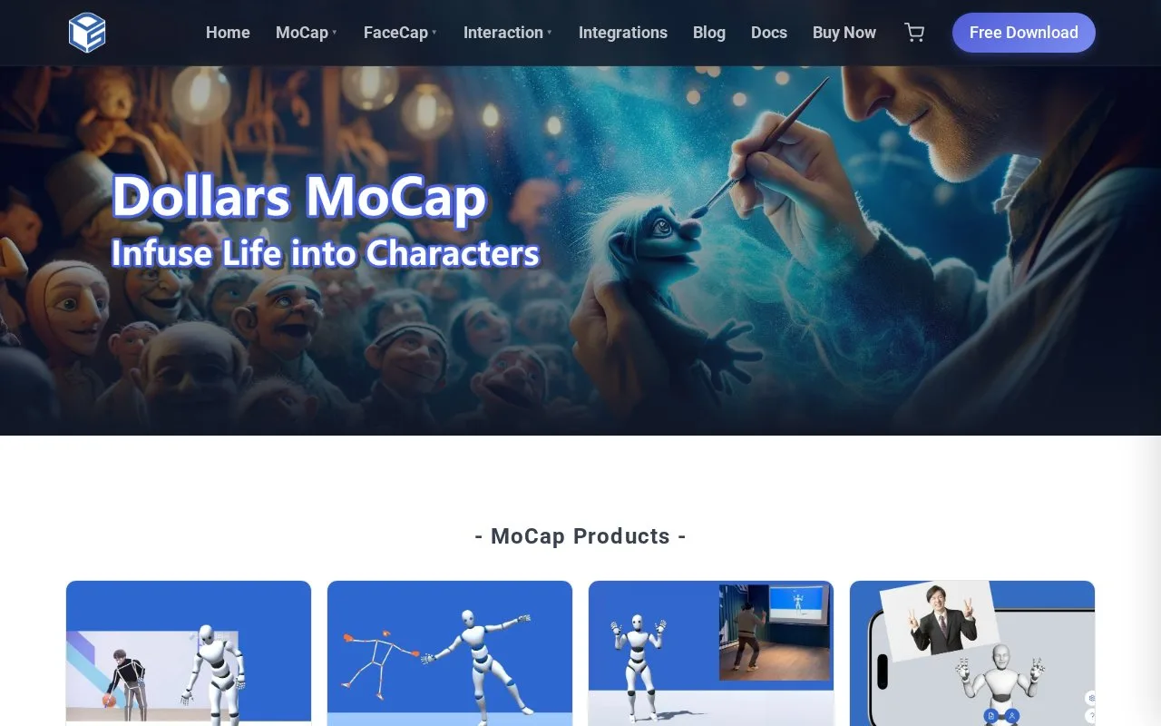 Screenshot of the Dollars MoCap homepage