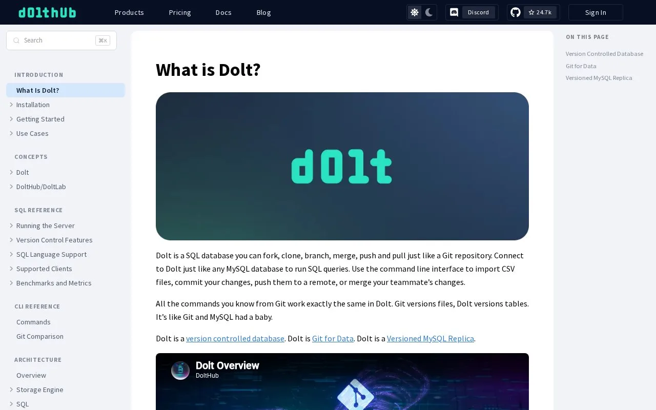 Screenshot of the Dolt homepage