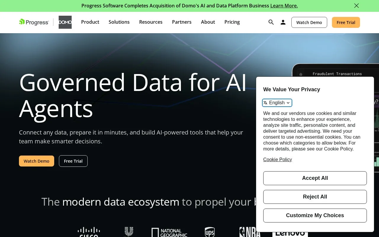 Screenshot of the Domo homepage