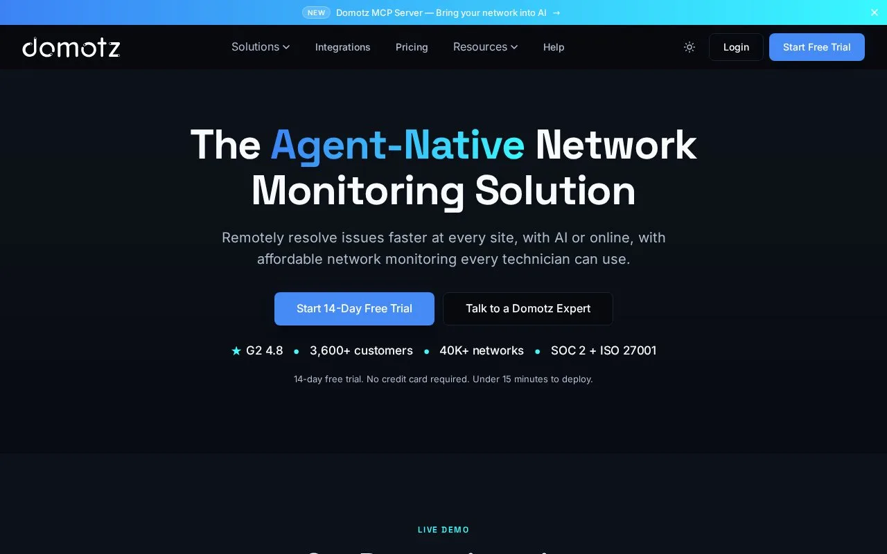 Screenshot of the Domotz homepage