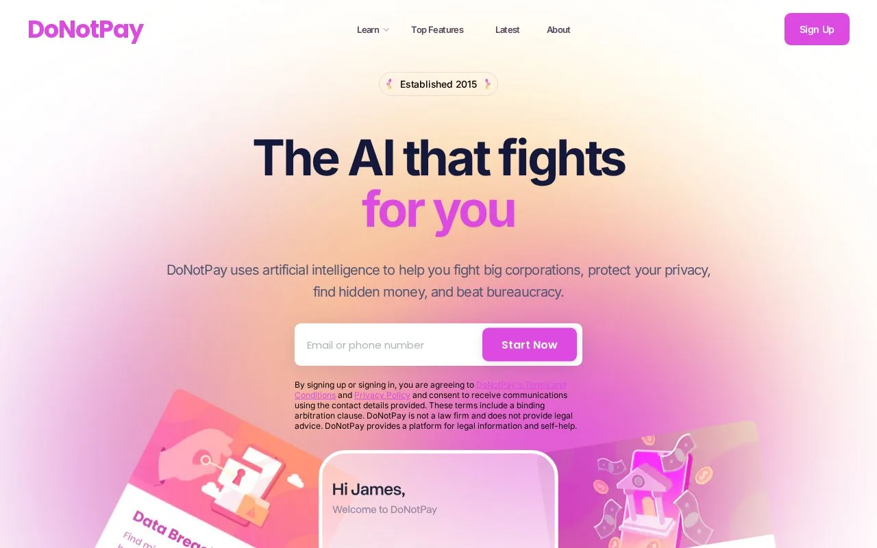 Screenshot of the DoNotPay homepage