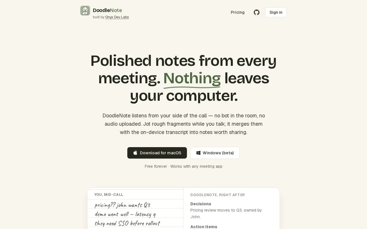 Screenshot of the DoodleNote homepage