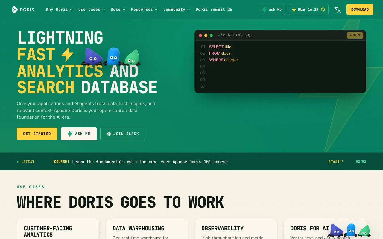 Screenshot of the Apache Doris homepage