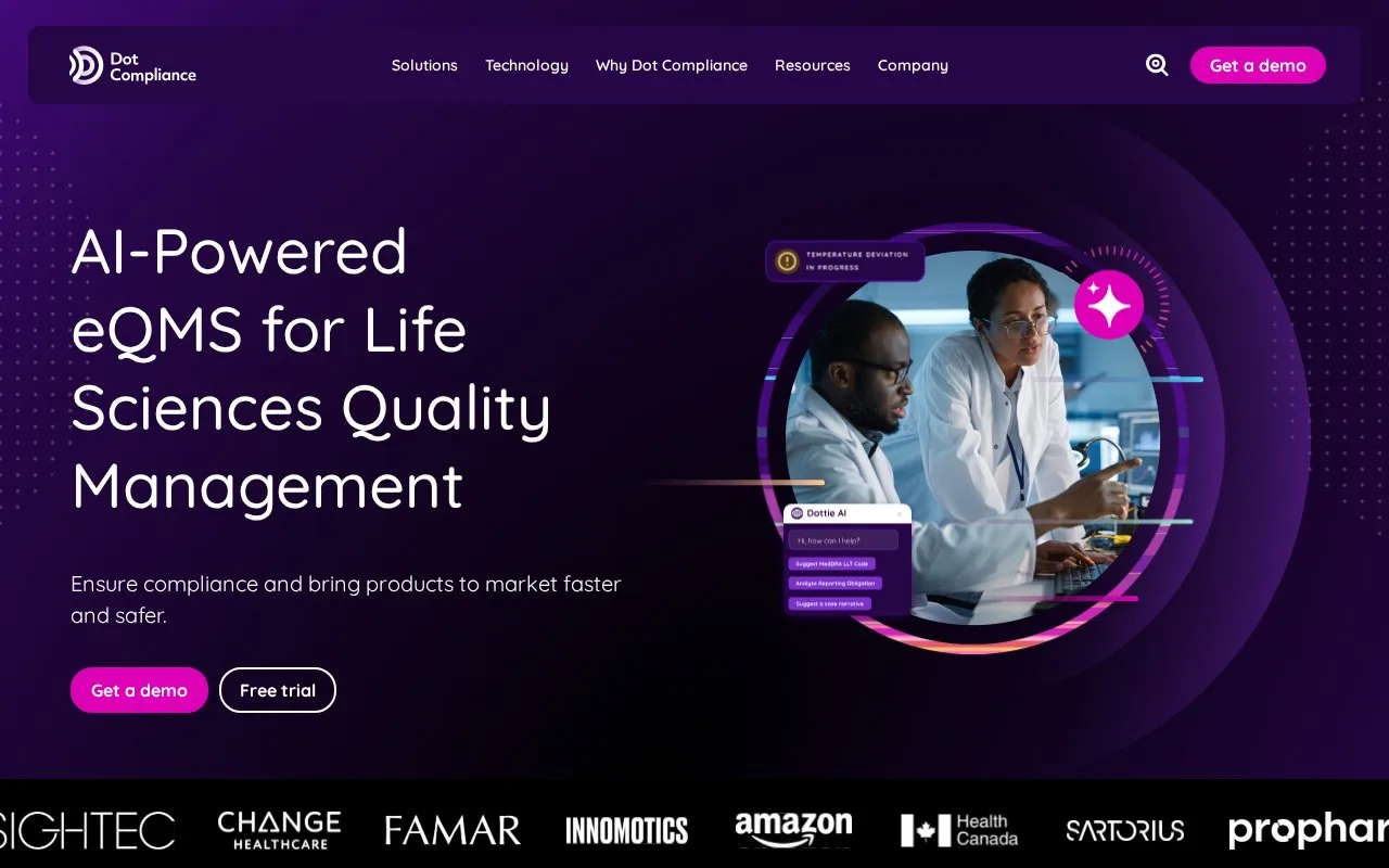 Screenshot of the Dot Compliance homepage