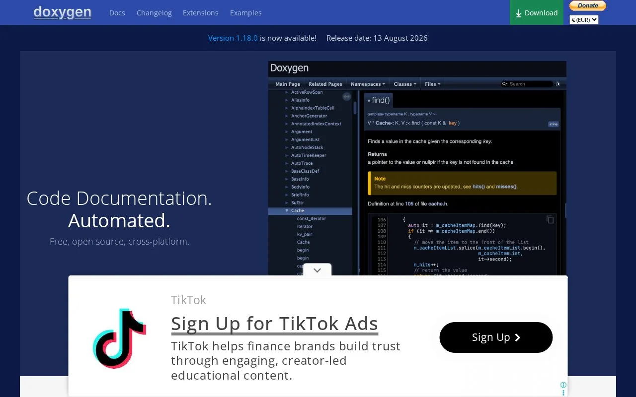 Screenshot of the Doxygen homepage
