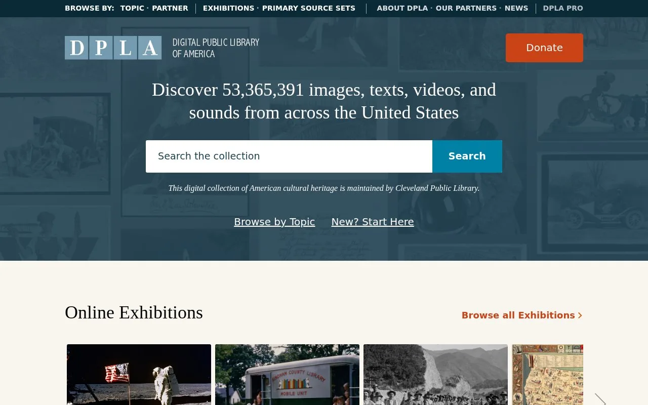 Screenshot of the Digital Public Library of America homepage