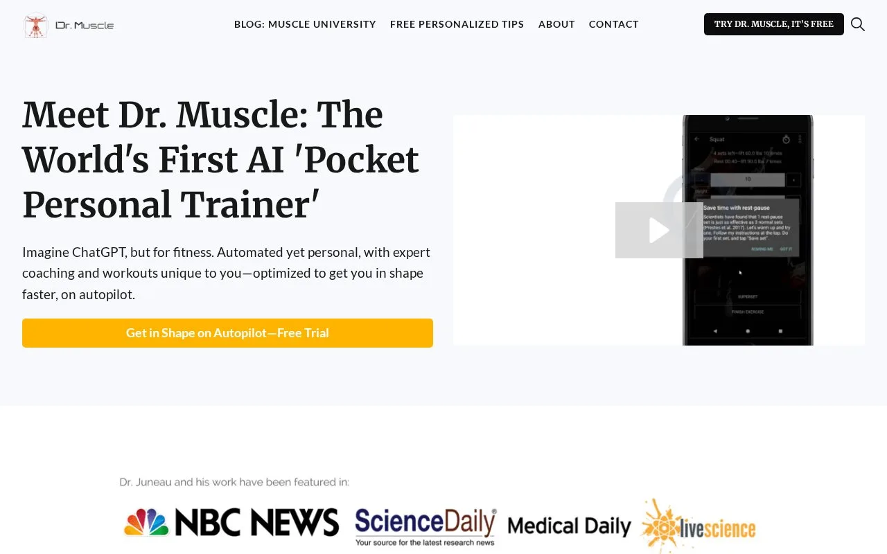 Screenshot of the Dr. Muscle homepage
