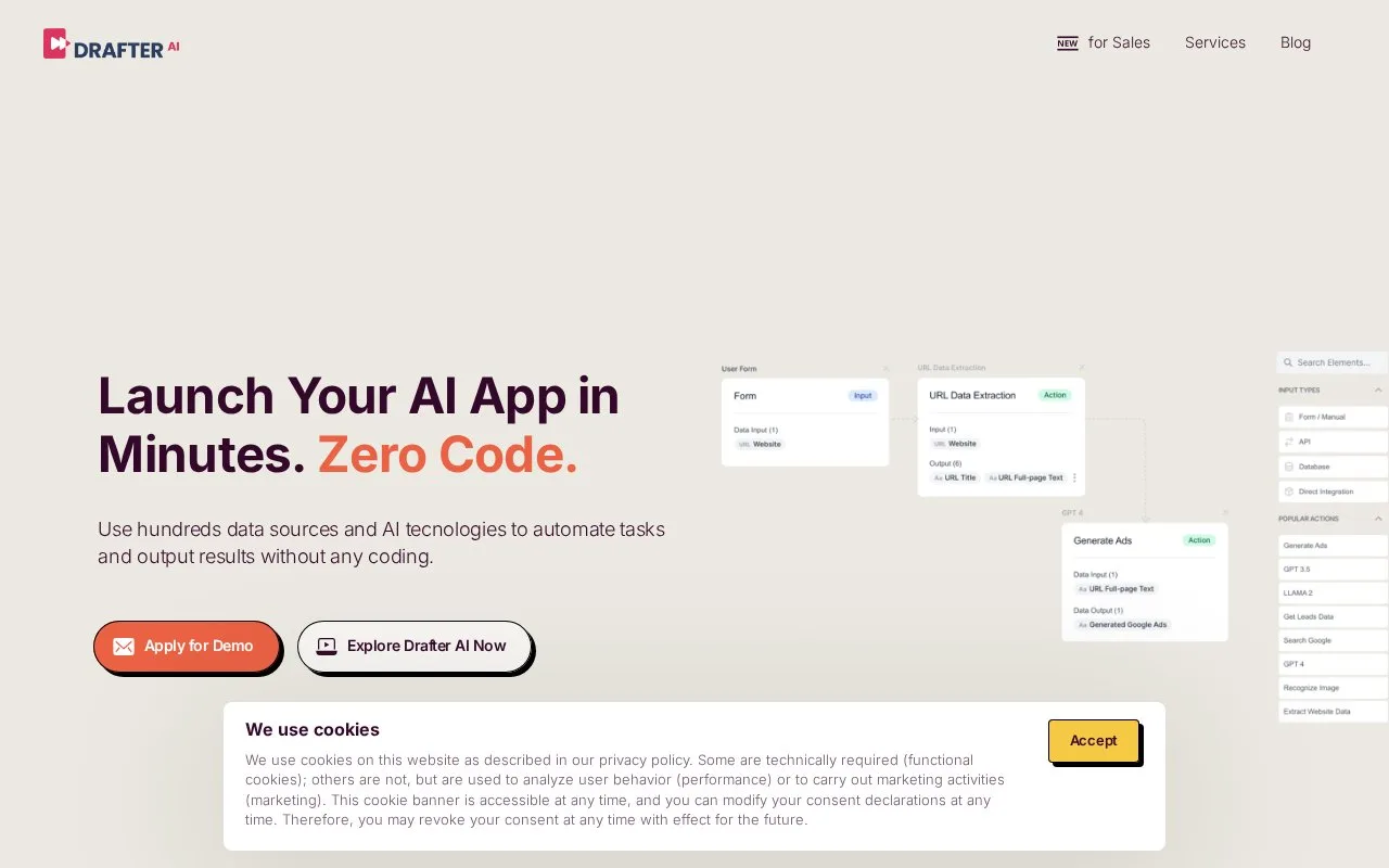 Screenshot of the Drafter AI homepage