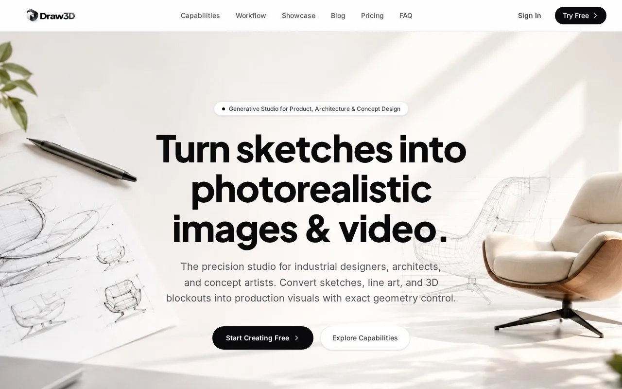 Screenshot of the Draw3D homepage