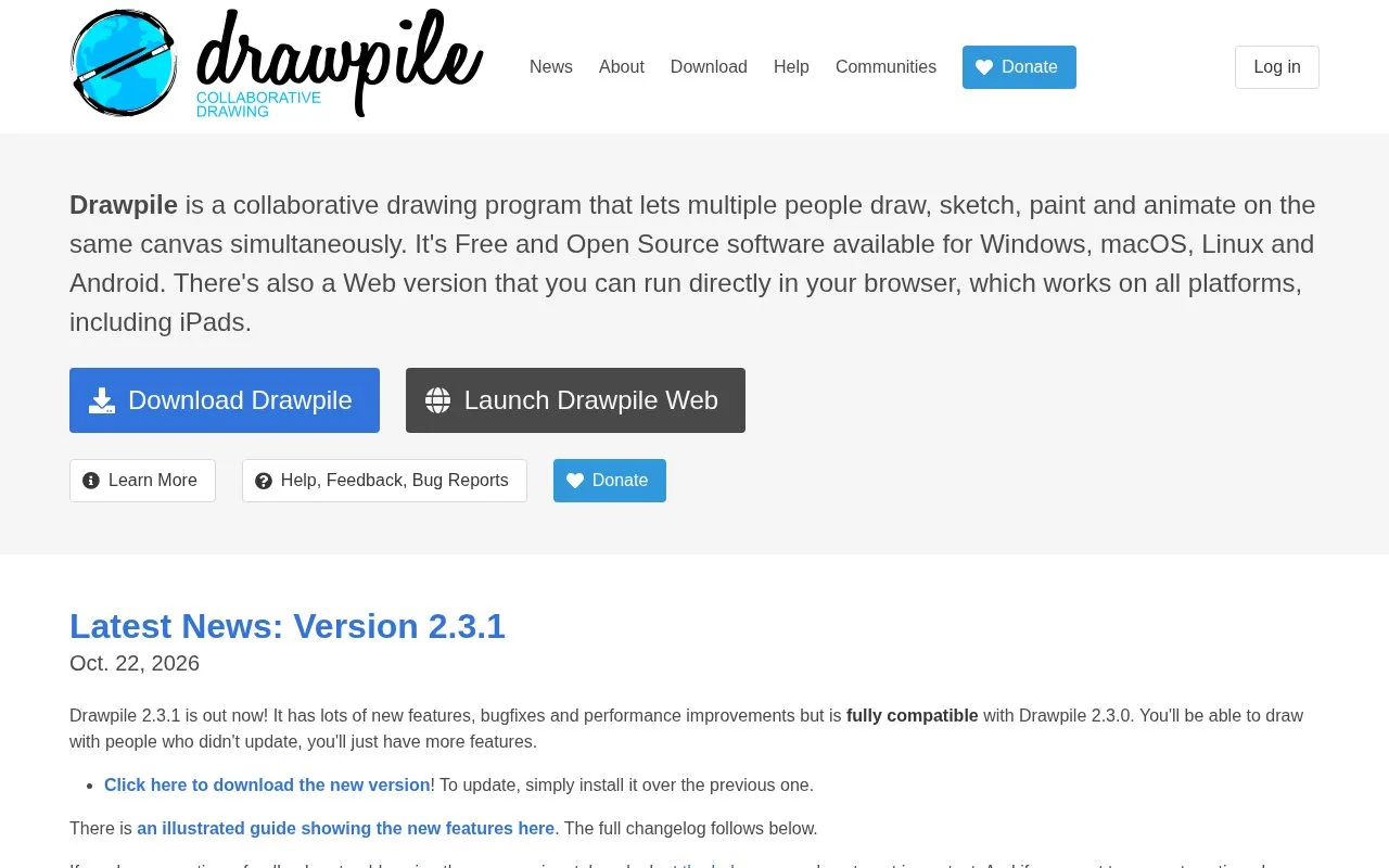 Screenshot of the Drawpile homepage