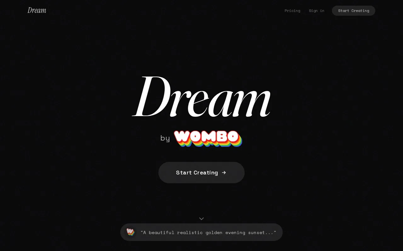 Screenshot of the Dream by WOMBO homepage