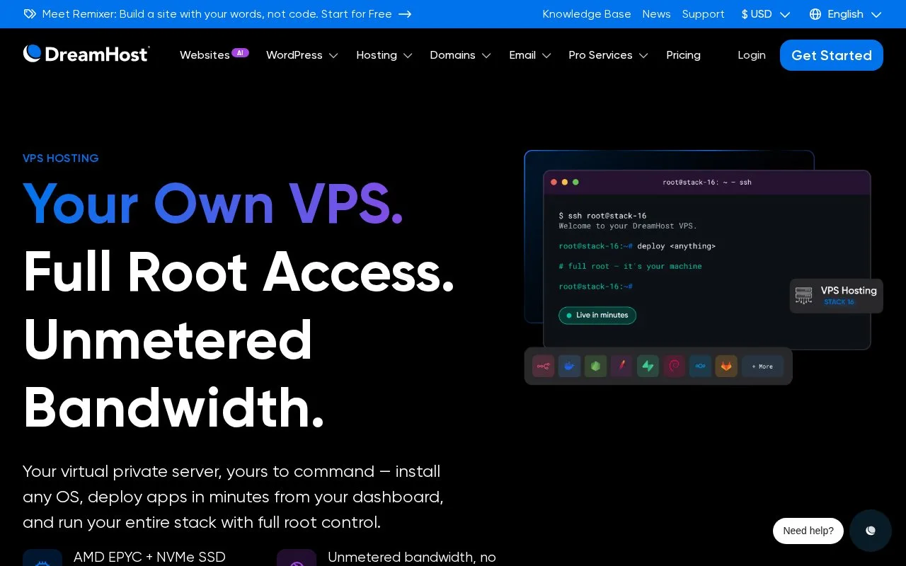 Screenshot of the DreamHost VPS homepage