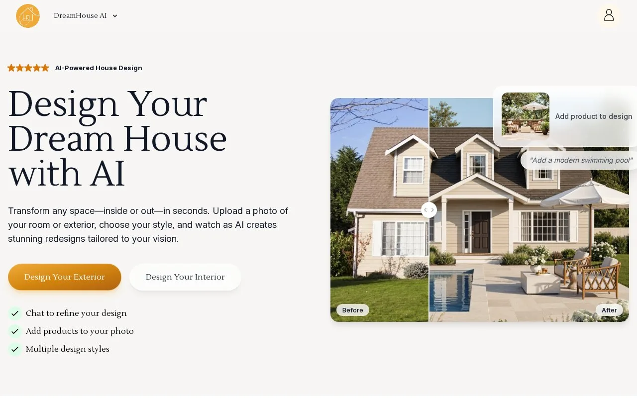 Screenshot of the DreamHouse AI homepage