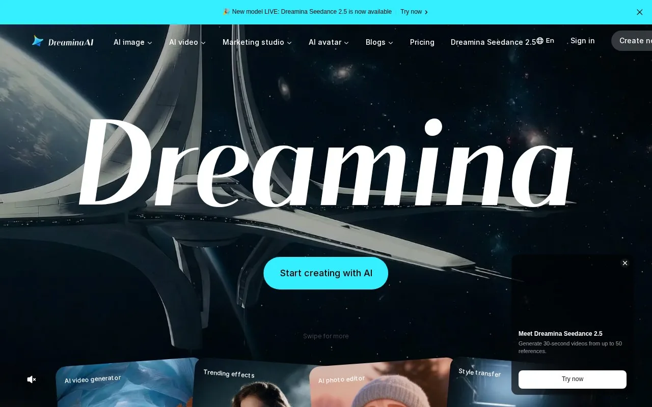 Screenshot of the Dreamina homepage