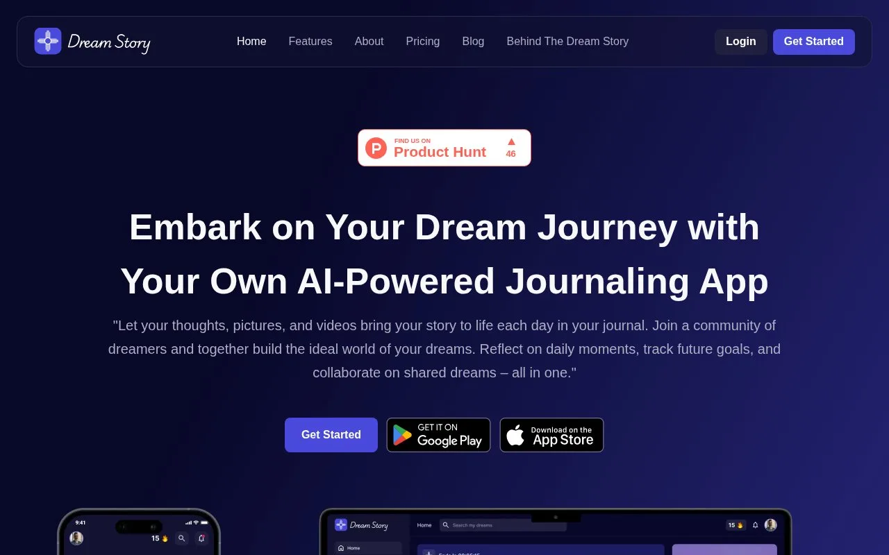 Screenshot of the Dream Story homepage