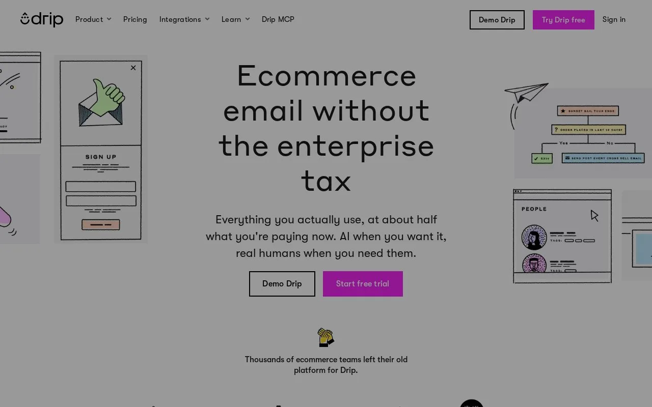 Screenshot of the Drip homepage