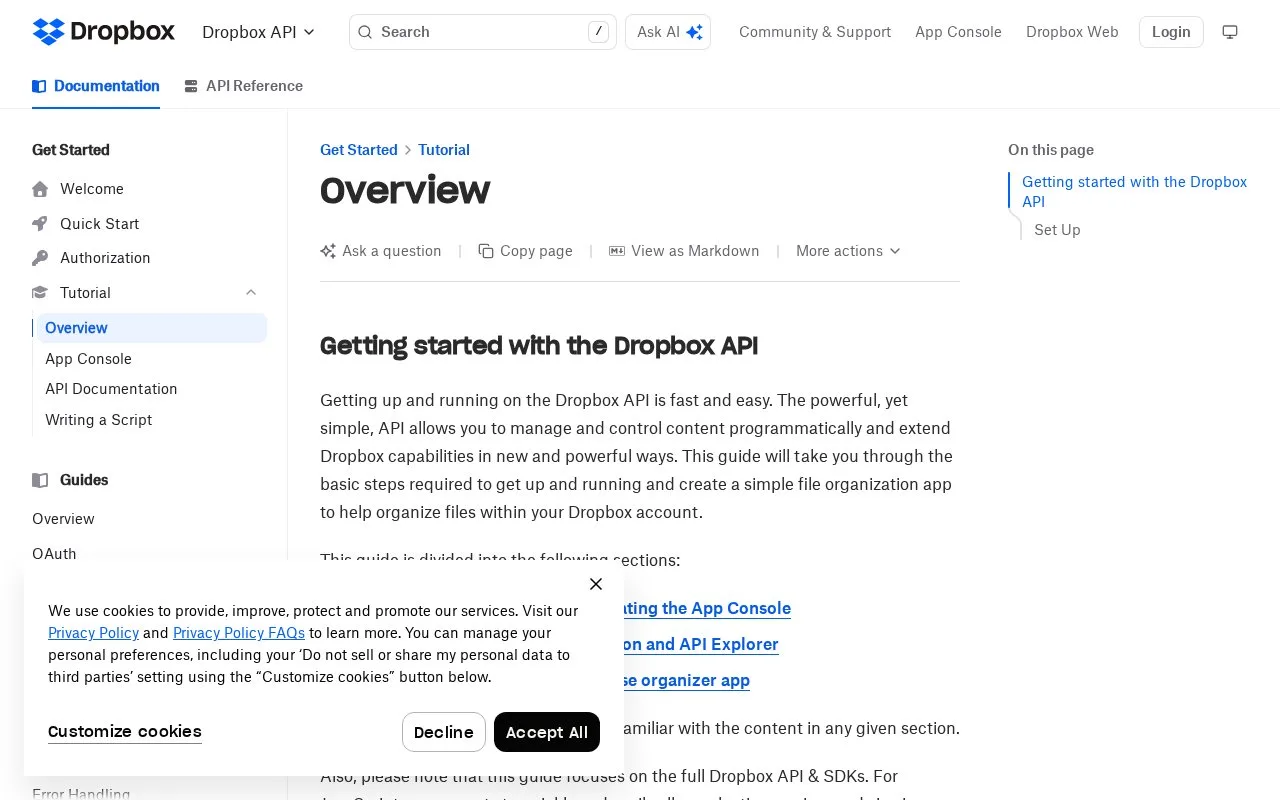 Screenshot of the Dropbox API homepage