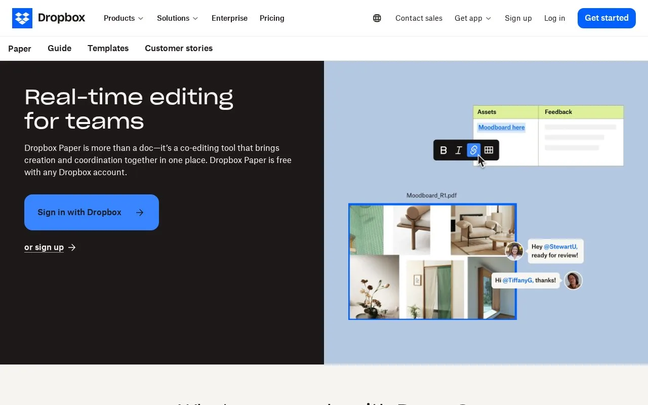 Screenshot of the Dropbox Paper homepage