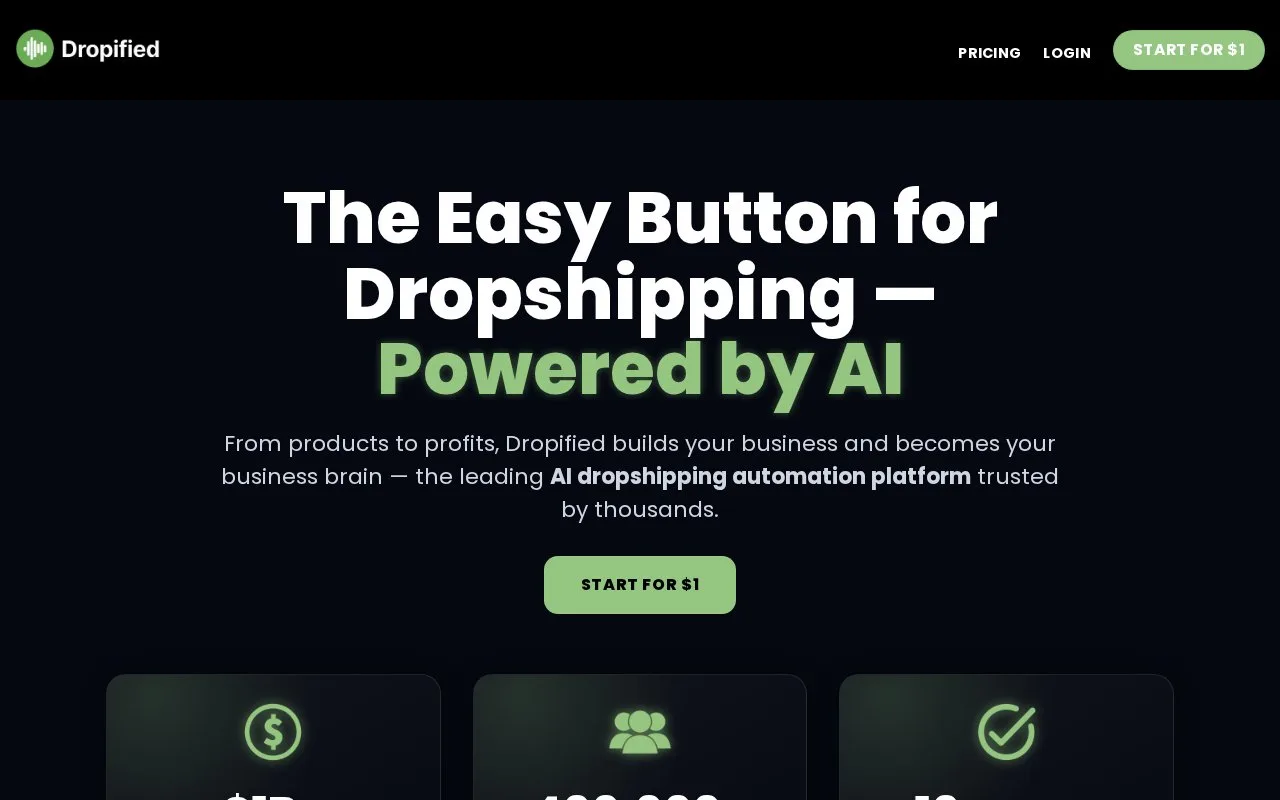 Screenshot of the Dropified homepage