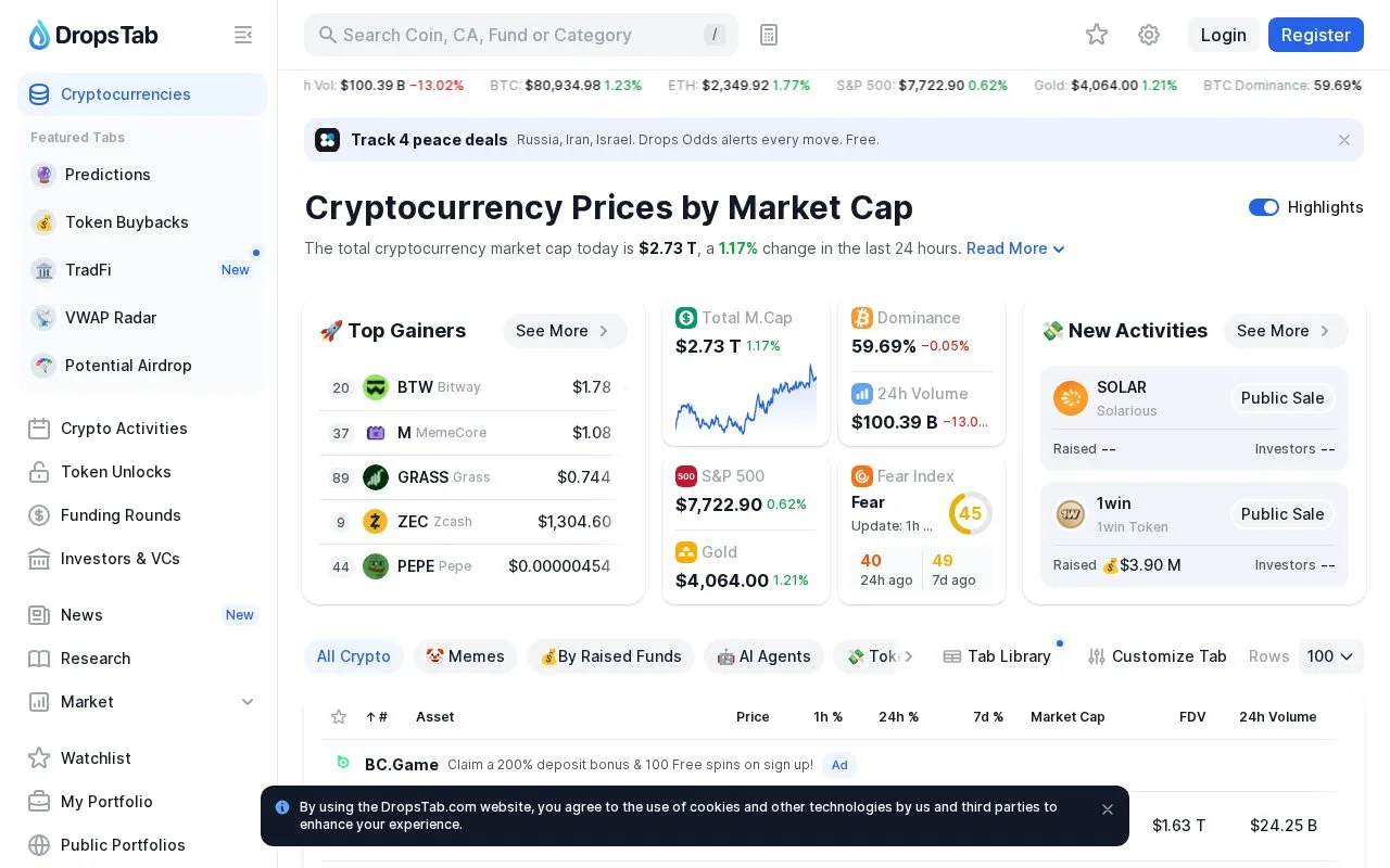 Screenshot of the DropsTab homepage