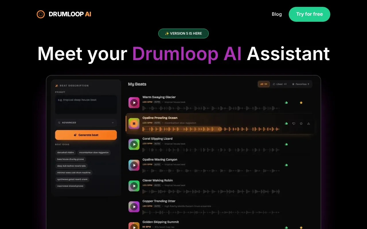 Screenshot of the Drumloop AI homepage