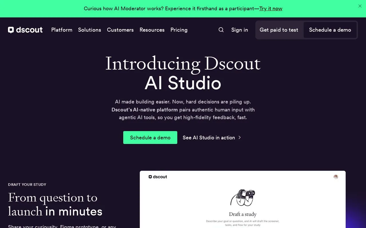 Screenshot of the Dscout homepage