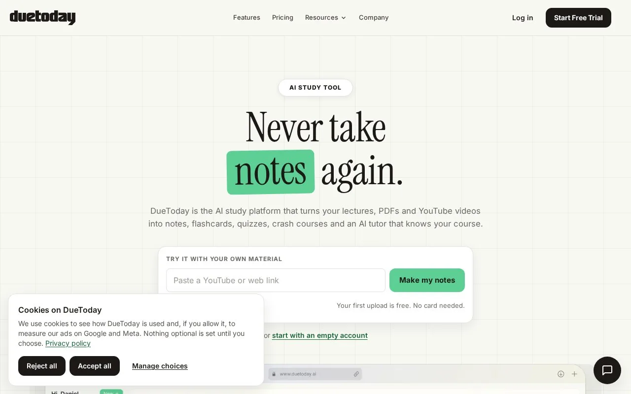 Screenshot of the DueToday homepage
