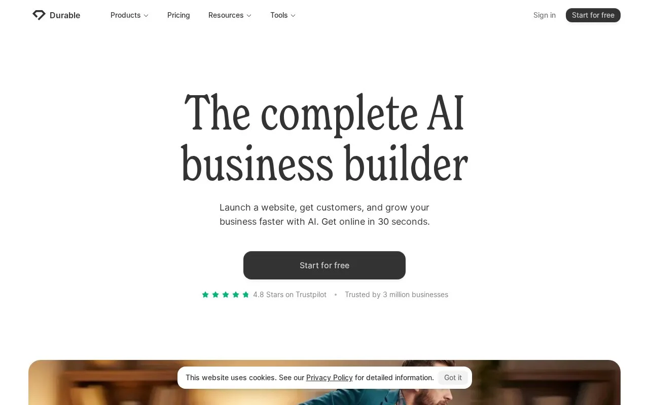 Screenshot of the Durable homepage