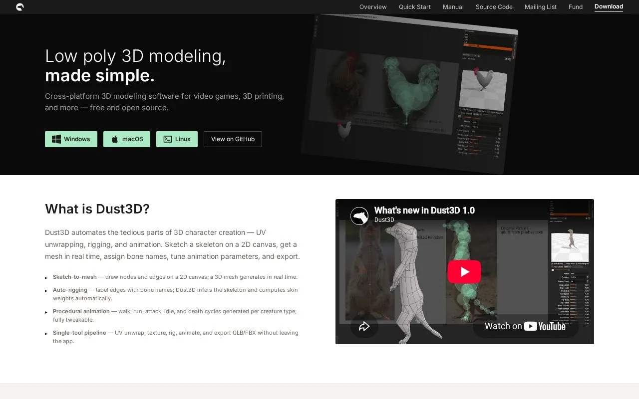 Screenshot of the Dust3D homepage