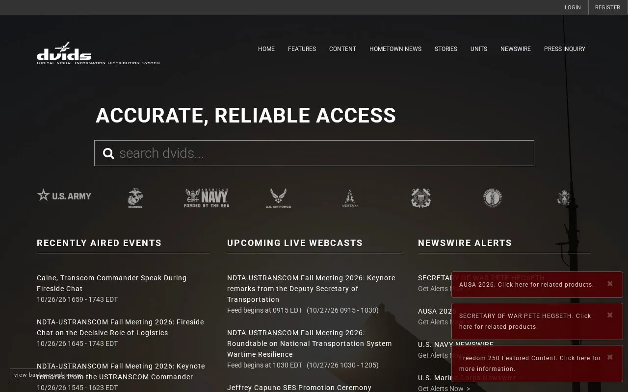 Screenshot of the DVIDS homepage