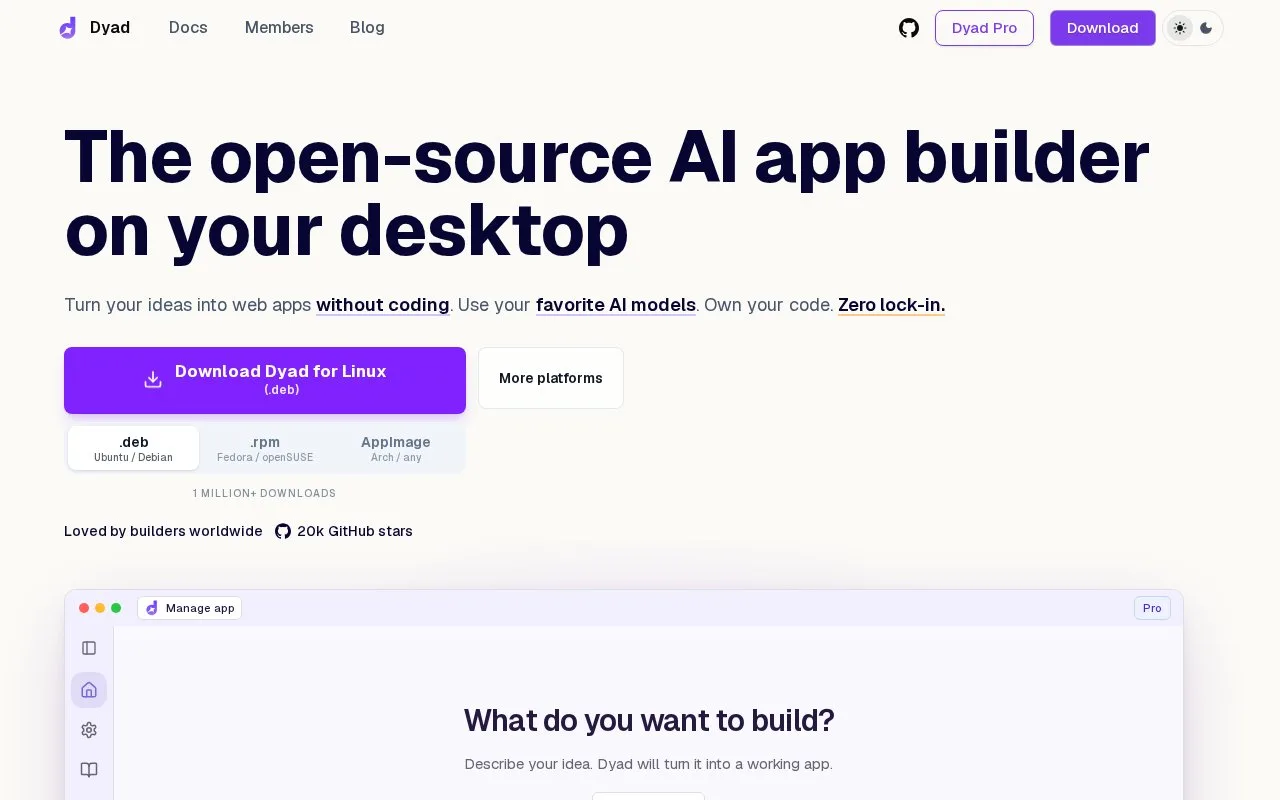 Screenshot of the Dyad homepage