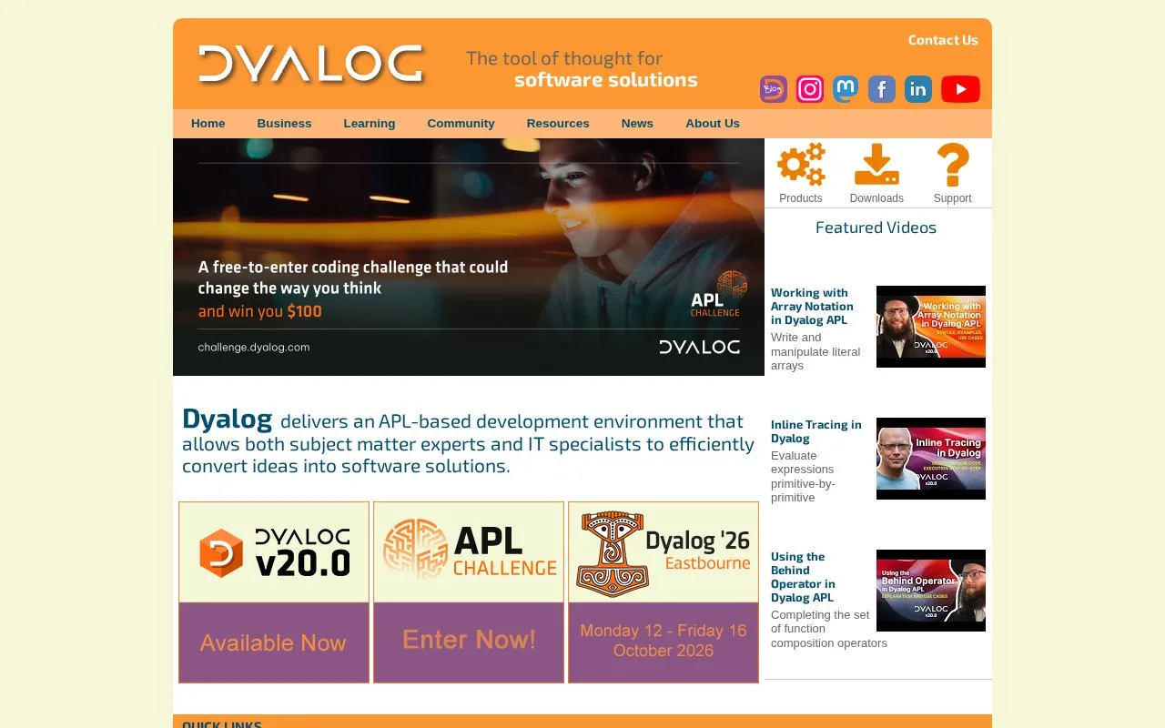 Screenshot of the Dyalog APL Development Environment homepage