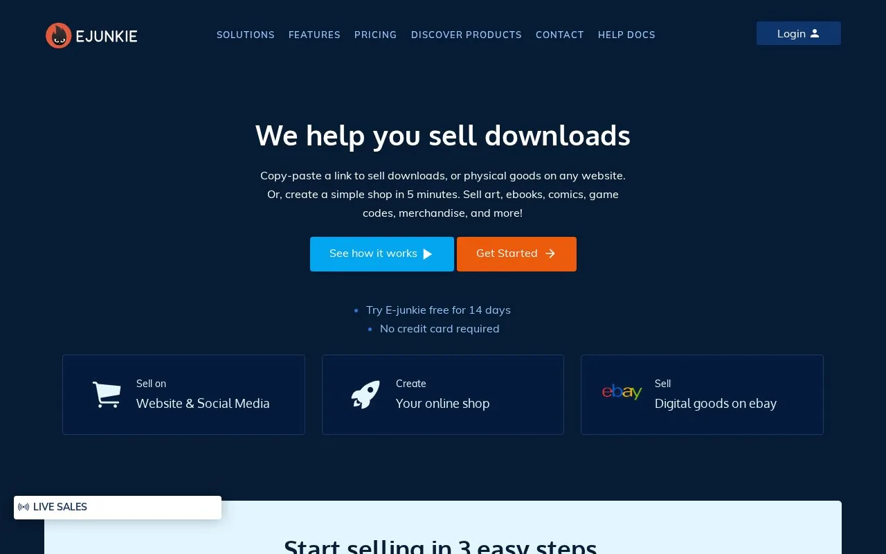 Screenshot of the E-junkie homepage