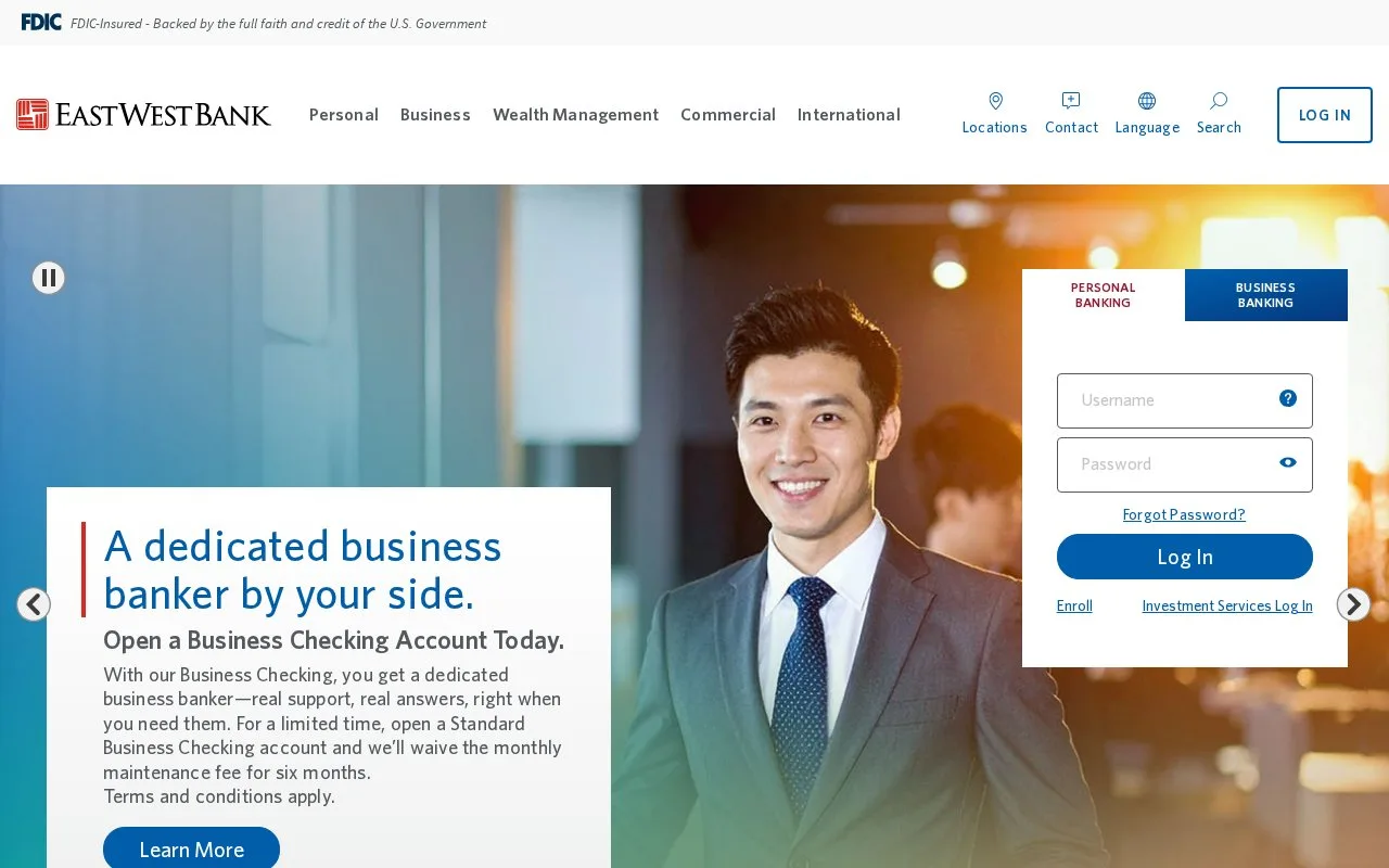 Screenshot of the East West Bank homepage