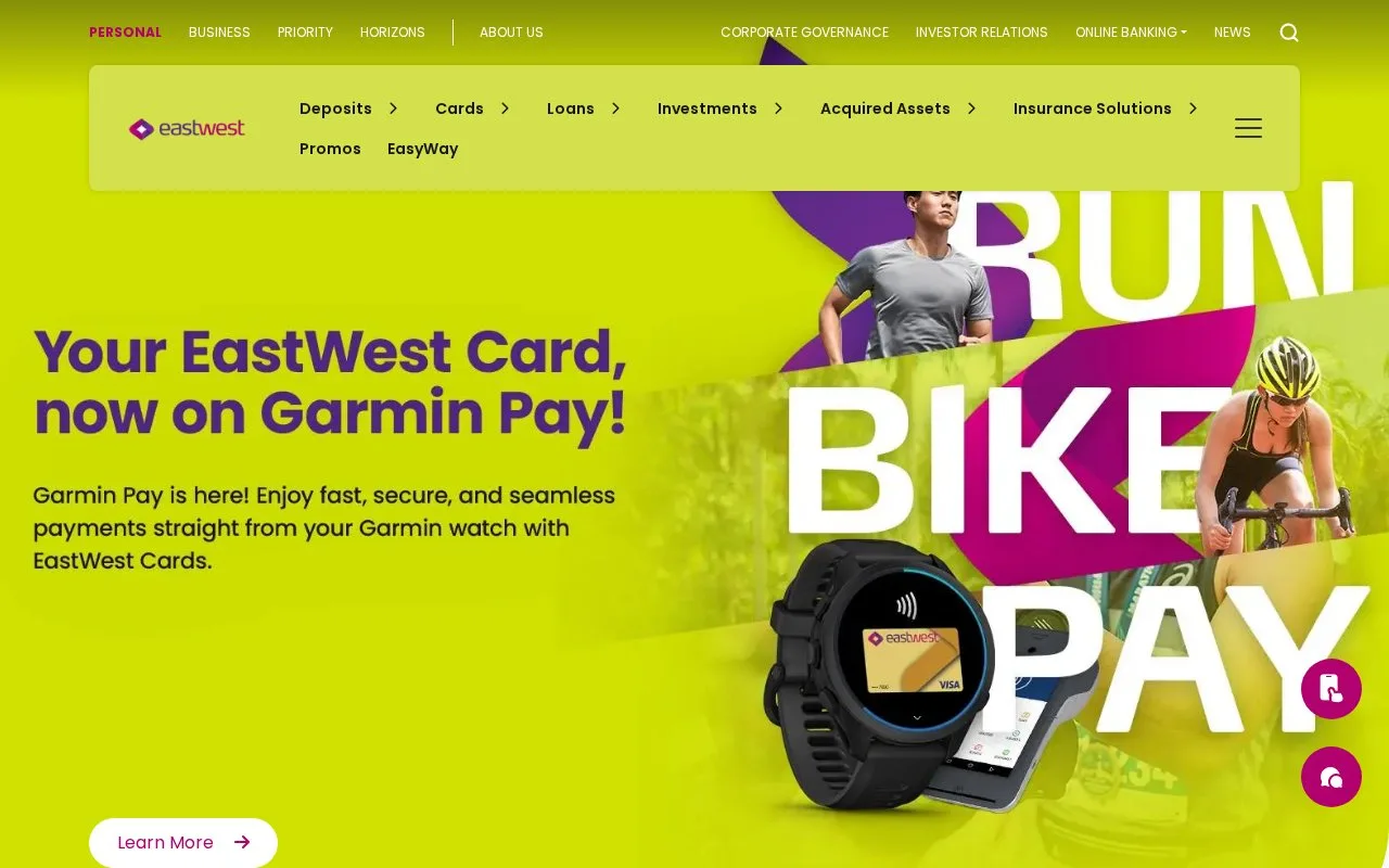 Screenshot of the EastWest Bank Philippines homepage