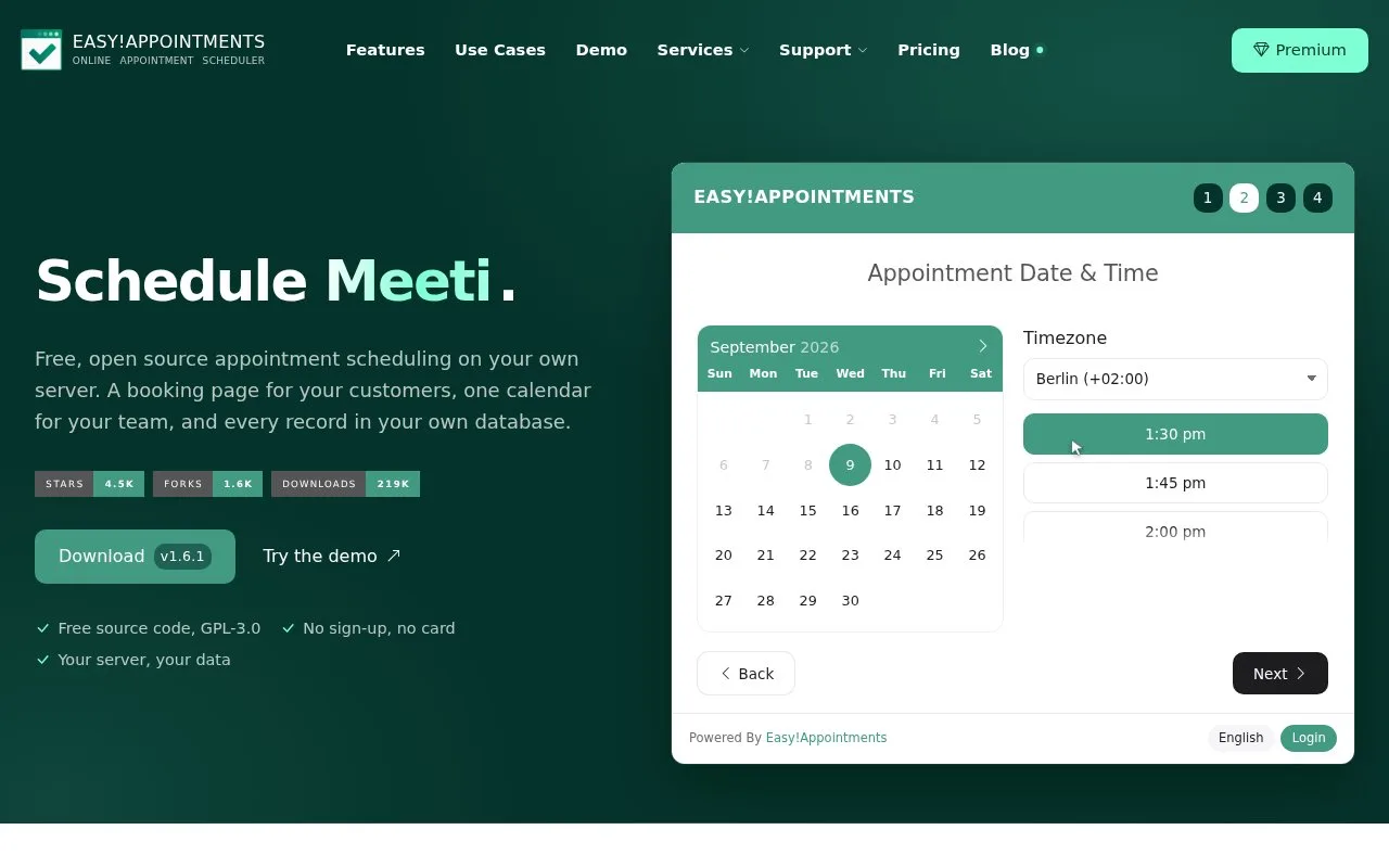 Screenshot of the Easy!Appointments homepage