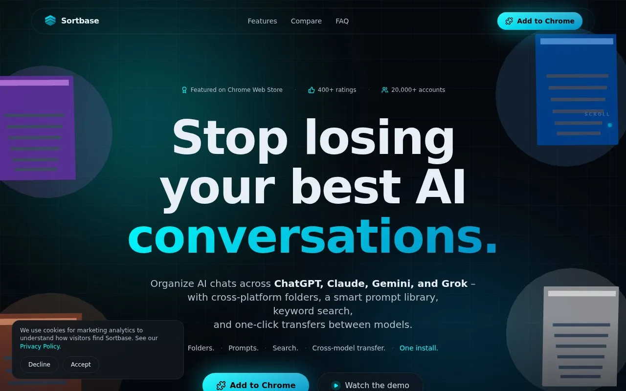 Screenshot of the Sortbase homepage