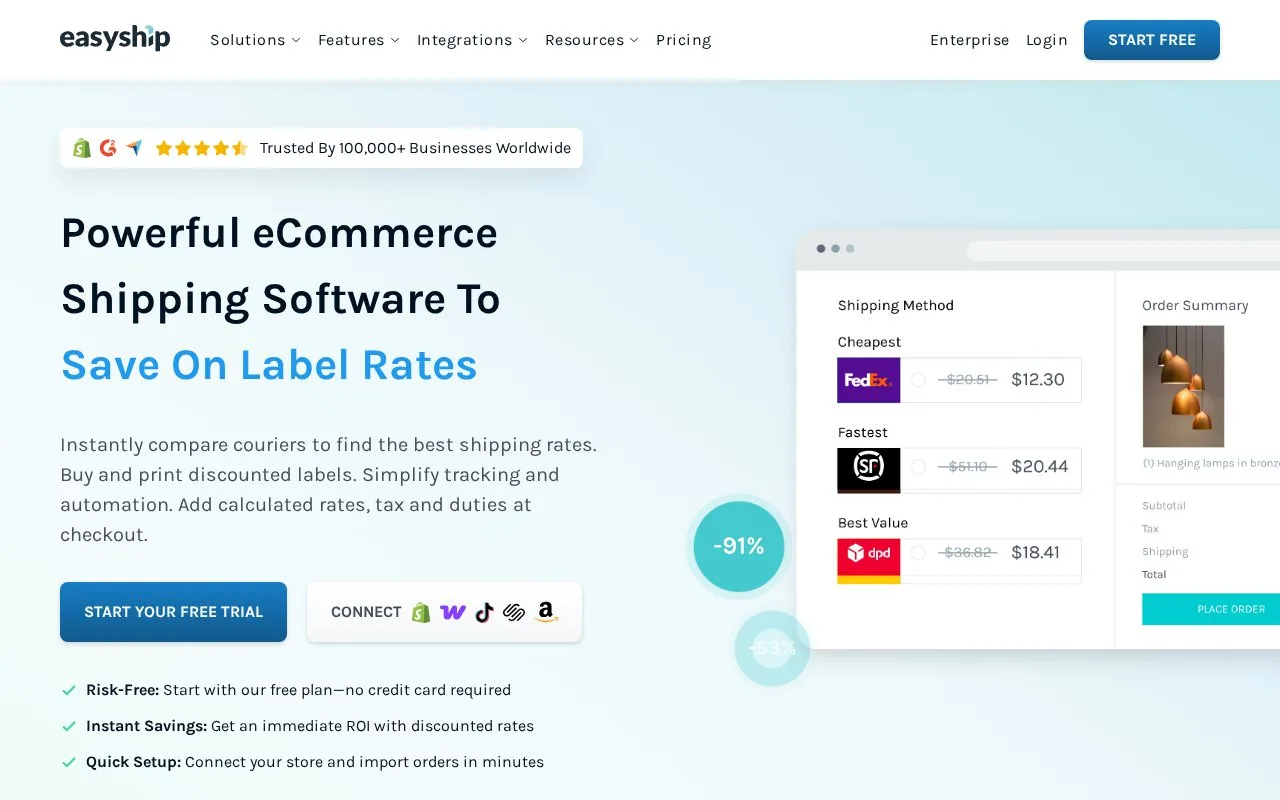 Screenshot of the Easyship homepage